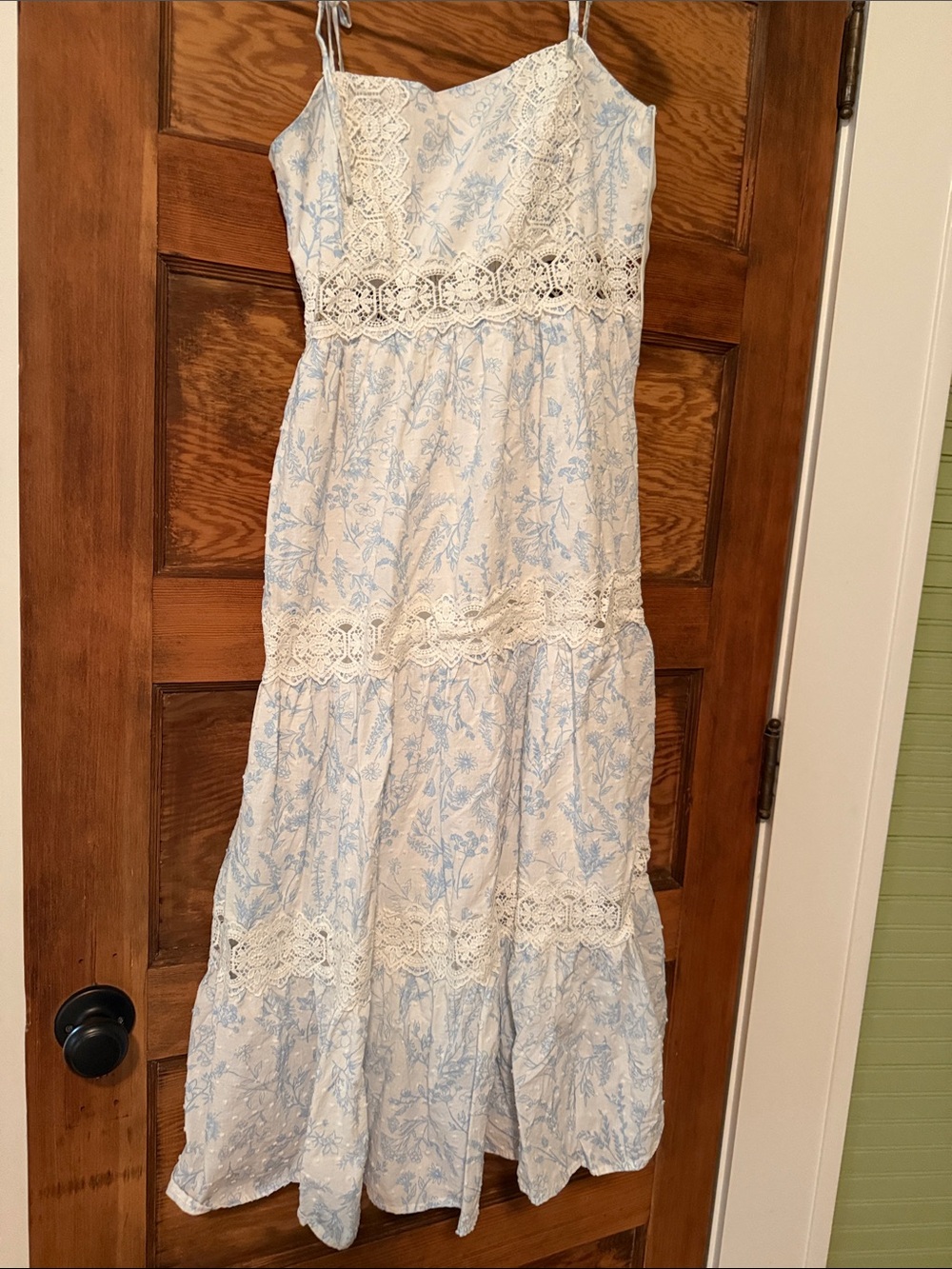 Altar'd State White and Light Blue Floral Midi Dress with Lace
